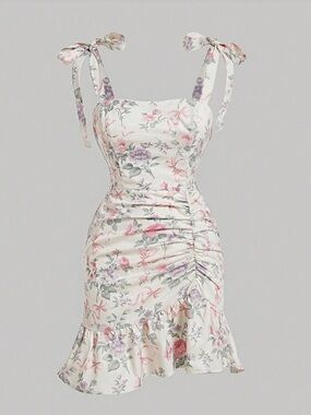 SHEIN Pink & Lavender Floral Tie-Shoulder Mini Dress